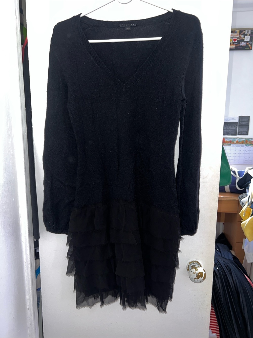 Sisley Black V-Neck Long Sleeve Tiered Wool Mini Dress